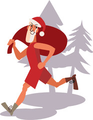 Cute funny Christmas illustration of stylish sporty ripped Santa Clause with big bag with presents run in snowy forest. New Year design for sportsman, gym, fitness club celebration