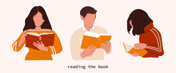 Set of people who read books from an isolated background. Young people. Stylish illustration. Read more concept books. Cover for training sites. Flat illustration. Vector.