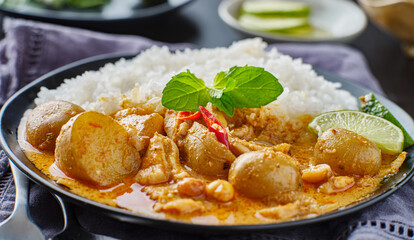thai massaman curry on plate with jasmine rice and lime wedge - obrazy, fototapety, plakaty