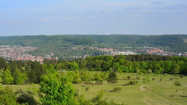 Panoramic overview the city of Jena in a valley in Thuringia, Germany in summer