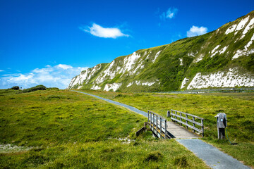 Fototapeta na wymiar Scenic view of Samphire Hoe Country Park with white cliffs, south England