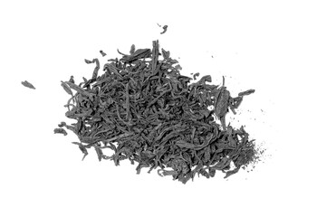 heap of dried black tea top view, isolate on a white background