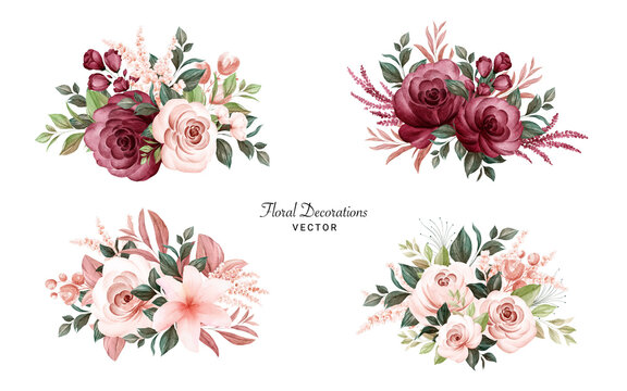 Set of watercolor bouquets of soft brown and burgundy roses and leaves. Botanic decoration illustration for wedding card, fabric, and logo composition