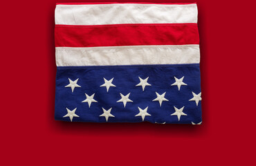 USA flag, US of America sign symbol on red background, top view