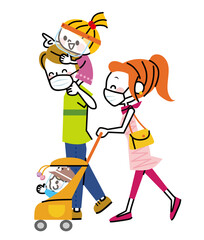 家族　お出かけ　マスク　フェイスガード　白背景