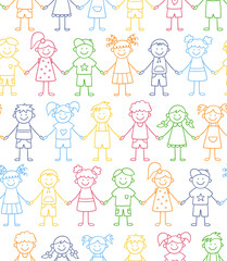 Seamless pattern of funny kids holding hands. Friendship concept. Happy cute doodle children. Vector color illustration in hand drawn style on white background