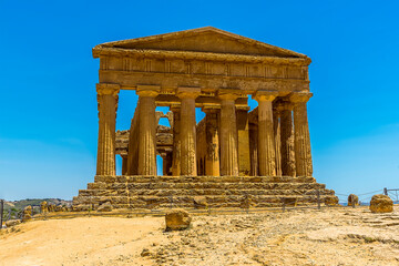 A close up view of the Temple of Concordia in the ancient Sicilian city of Agrigento in summer