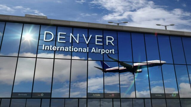 Jet aircraft landing at Denver, Colorado, USA 3D rendering animation. Arrival in the city with the glass airport terminal and reflection of the plane. Travel, business, tourism and transport concept.