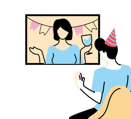 man with party hat waving woman on screen vector design