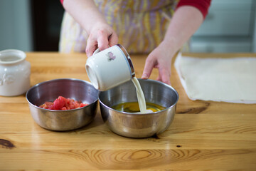 Preparing eggs.