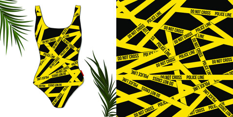 Seamless pattern do not cross, police line on black background for womans swimsuit. Stylish trendy pattern with stripes presented on mock up with palm leaves