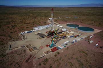 Vaca Muerta, Argentina, December 20, 2015: Extraction of unconventional oil. Battery of pumping...