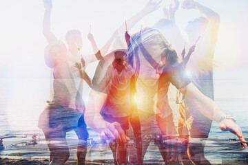 Dj plays music at the beach party with dancing people in overlay