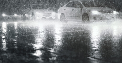 Night scene of hard rain fall in the city.Selective focus.