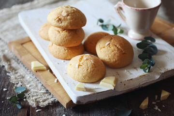 Coconut cookies with white chocolate and  cup of coffee for sweet coffee break