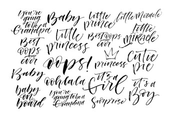 Naklejka premium Set of baby's phrases. Hand drawn brush style modern calligraphy. Vector illustration of handwritten lettering. 