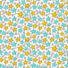 Seamless pattern with colorful stars. Ink illustration. Hand drawn ornament for wrapping paper.