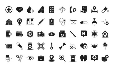 healthcare medical and hospital pictogram silhouette style icon s set