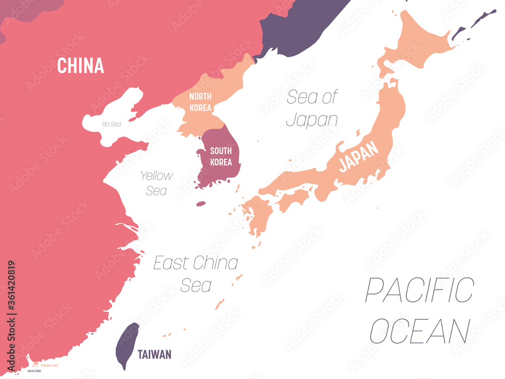 Sticker east asia map. high detailed political map of eastern region with country, ocean and sea names label - Stickers