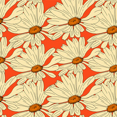 Seamless pattern of daisy, red background