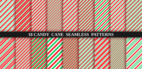Candy cane stripe seamless pattern. Vector. Christmas candycane background. Red and green wrapping paper. Set of holiday textures. Peppermint caramel diagonal print. Classic winter illustration.