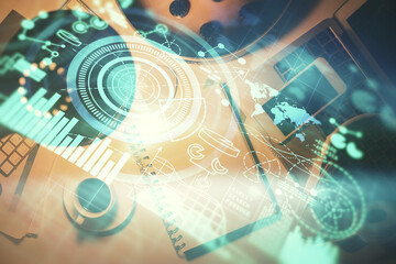 Multi exposure of business theme drawing and work table top veiw. Concept of international finance.