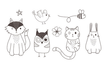 cute animals sketch wildlife cartoon adorable owl cat rabbit fox bird and bee