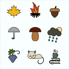 Naklejka premium Autumn set. Leaf, bonfire, acorn, umbrella, mushroom, rain grapes cat cup and tea