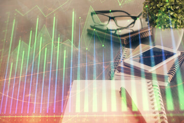Fototapeta na wymiar Double exposure of forex chart drawing and cell phone background. Concept of financial trading