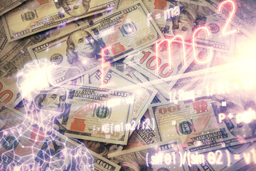 Double exposure of formula drawing over usa dollars bill background. Concept of education.