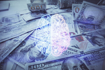Double exposure of brain drawing over us dollars bill background. Technology concept.