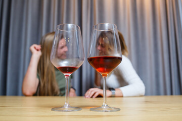 Cheerful young girlfriends with glasses at the table at home