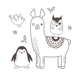 cute animals sketch wildlife cartoon adorable alpaca owl penguin and bird