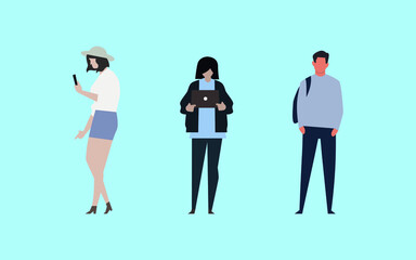 Fototapeta premium 3 characters, two women and a man, the young lady has a hat and the phone in her hand, another young lady holds the laptop in her hand, the man has a bag on his shoulder,vector,cartoon.