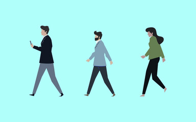 3 characters, two men and a woman, a man holding a phone in his hand, they all walk.