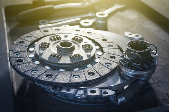 new clutch kit in a car service before installation on a car. Close up