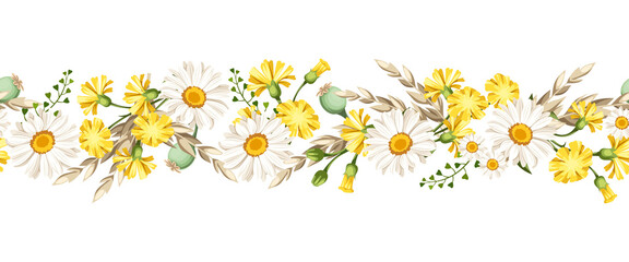 Vector horizontal seamless border with white daisies and yellow wild flowers and ears of wheat. 