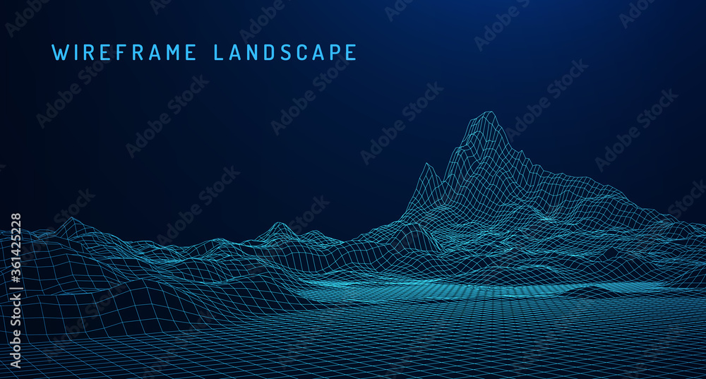 Poster abstract digital landscape with particles dots and stars on horizon. wireframe landscape background.