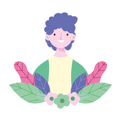 young man flowers foliage botanical cartoon isolated icon design white background