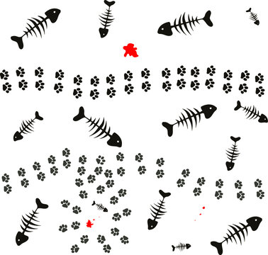 Fish skeletons and cat footprints. Vector illustration. Pattern