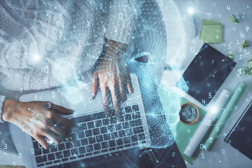 Double exposure of woman working on computer andhuman brain hologram drawing. Top View. Ai concept.