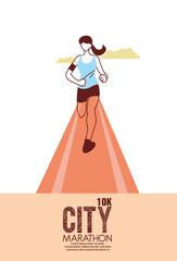 Woman avatar running on track and 10k city marathon vector design