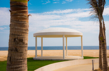 Colorful Panoramic Landscape, Blue sky, beach and palms. Los Cabos , Mexico