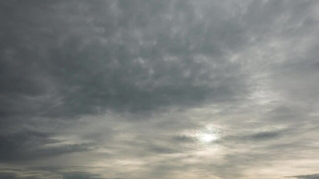 Time lapse of majestic cloudy sky with sun over horizon. No birds, no flicker.
