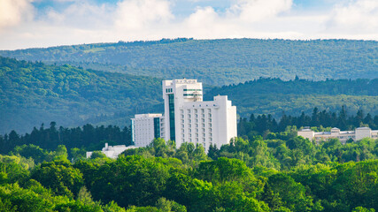 Hotel among the Carpathian mountains. Truskavets, Ukraine.