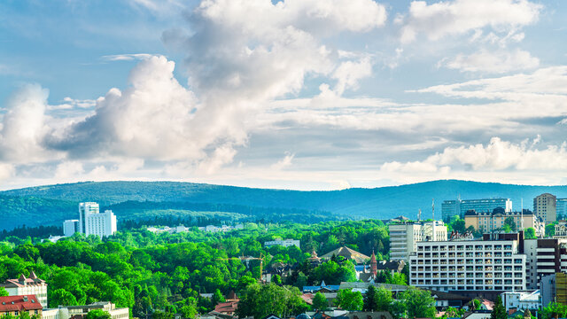 City landscape with clouds, Truskavets, Ukraine. View from hill.