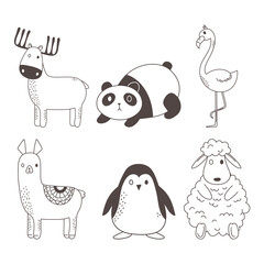 cute animals sketch wildlife cartoon adorable deer panda flamingo alpaca penguin sheep icons