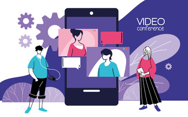 people working with video call device