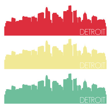Detroit Skyline Silhouette City Stamp Vector Color Vintage Set.