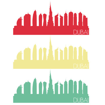 Dubai Skyline Silhouette City Stamp Vector Color Vintage Set.